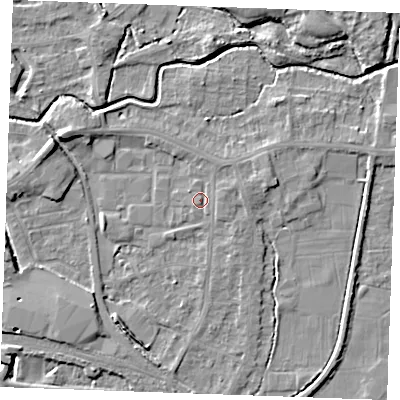 Shaded relief map of the ground around PE302QW, computed from Environment Agency LiDAR. The ground here sits at about 3 m above sea level and falls 6 m across the surrounding 800 m. Surface water reaching this point runs off ground lying to the east-north-east, 0.7 m higher.