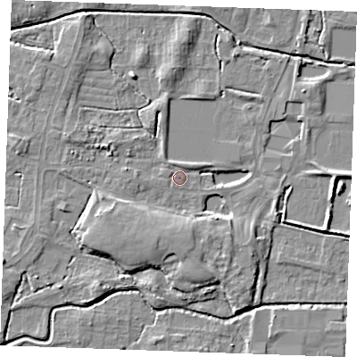 Shaded relief map of the ground around PE302RA, computed from Environment Agency LiDAR. The ground here sits at about 3 m above sea level and falls 6 m across the surrounding 800 m. Surface water reaching this point runs off ground lying to the south-south-west, 5.6 m higher.