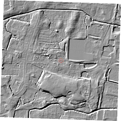 Shaded relief map of the ground around PE302RB, computed from Environment Agency LiDAR. The ground here sits at about 3 m above sea level and falls 6 m across the surrounding 800 m. Surface water reaching this point runs off ground lying to the west-north-west, 2.5 m higher.