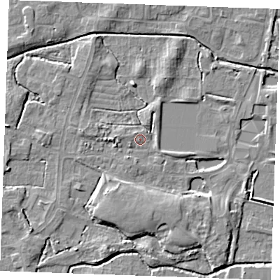 Shaded relief map of the ground around PE302RD, computed from Environment Agency LiDAR. The ground here sits at about 3 m above sea level and falls 6 m across the surrounding 800 m. Surface water reaching this point runs off ground lying to the west, 2.6 m higher.