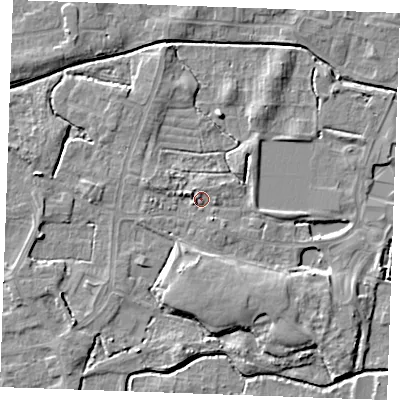 Shaded relief map of the ground around PE302RE, computed from Environment Agency LiDAR. The ground here sits at about 3 m above sea level and falls 6 m across the surrounding 800 m. Surface water reaching this point runs off ground lying to the west-north-west, 2.9 m higher.