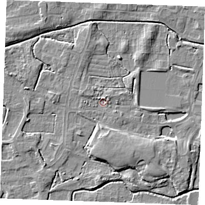 Shaded relief map of the ground around PE302RF, computed from Environment Agency LiDAR. The ground here sits at about 3 m above sea level and falls 6 m across the surrounding 800 m. Surface water reaching this point runs off ground lying to the north-north-east, 2.9 m higher.