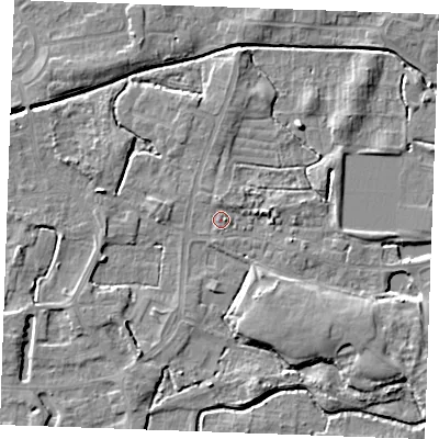 Shaded relief map of the ground around PE302RG, computed from Environment Agency LiDAR. The ground here sits at about 3 m above sea level and falls 6 m across the surrounding 800 m. Surface water reaching this point runs off ground lying to the north, 1.1 m higher.