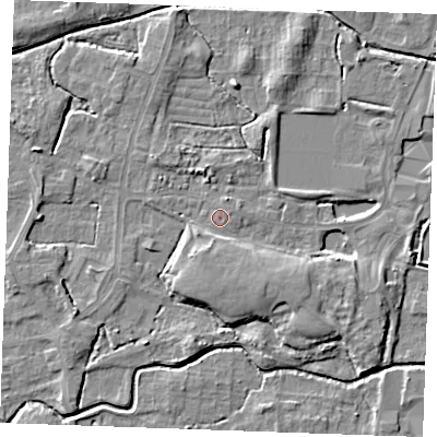 Shaded relief map of the ground around PE302RH, computed from Environment Agency LiDAR. The ground here sits at about 3 m above sea level and falls 6 m across the surrounding 800 m. Surface water reaching this point runs off ground lying to the south, 3.2 m higher.