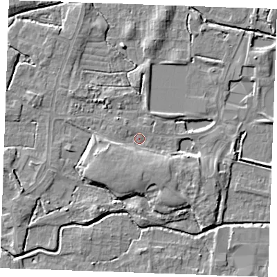 Shaded relief map of the ground around PE302RJ, computed from Environment Agency LiDAR. The ground here sits at about 3 m above sea level and falls 6 m across the surrounding 800 m. Surface water reaching this point runs off ground lying to the south, 4.2 m higher.