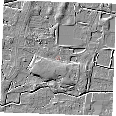 Shaded relief map of the ground around PE302RL, computed from Environment Agency LiDAR. The ground here sits at about 3 m above sea level and falls 6 m across the surrounding 800 m. Surface water reaching this point runs off ground lying to the south-south-west, 4.2 m higher.
