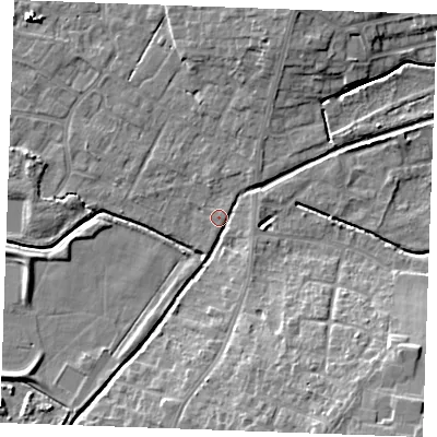 Shaded relief map of the ground around PE303AA, computed from Environment Agency LiDAR. The ground here sits at about 3 m above sea level and falls 11 m across the surrounding 800 m. Surface water reaching this point runs off ground lying to the east-south-east, 1.9 m higher.