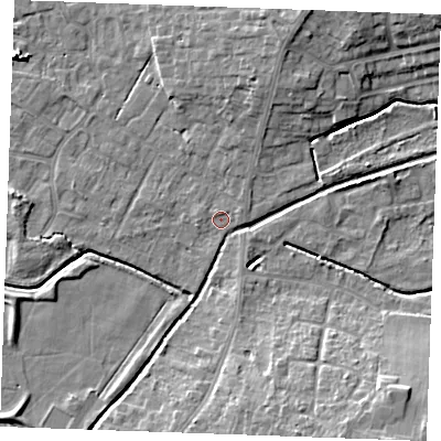 Shaded relief map of the ground around PE303AB, computed from Environment Agency LiDAR. The ground here sits at about 3 m above sea level and falls 10 m across the surrounding 800 m. Surface water reaching this point runs off ground lying to the east-north-east, 0.8 m higher.