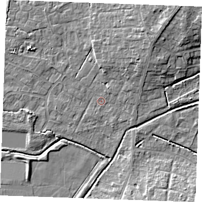 Shaded relief map of the ground around PE303AD, computed from Environment Agency LiDAR. The ground here sits at about 3 m above sea level and falls 9 m across the surrounding 800 m. The ground contributing surface water to this point lies to the south-south-west.