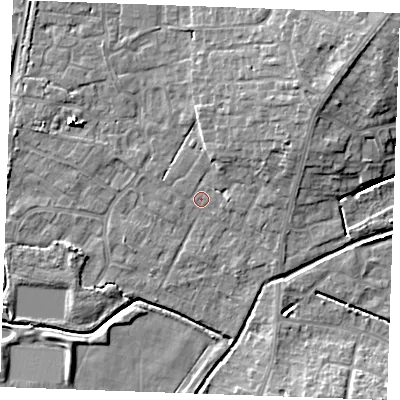 Shaded relief map of the ground around PE303AE, computed from Environment Agency LiDAR. The ground here sits at about 4 m above sea level and falls 9 m across the surrounding 800 m. Surface water reaching this point runs off ground lying to the north-east, 5.6 m higher.