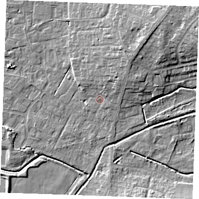 Shaded relief map of the ground around PE303AF, computed from Environment Agency LiDAR. The ground here sits at about 4 m above sea level and falls 10 m across the surrounding 800 m. Surface water reaching this point runs off ground lying to the north-east, 3.2 m higher.