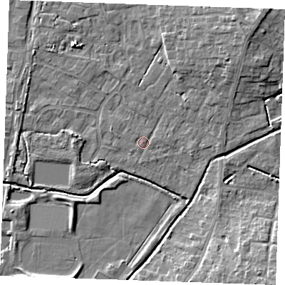 Shaded relief map of the ground around PE303AG, computed from Environment Agency LiDAR. The ground here sits at about 3 m above sea level and falls 9 m across the surrounding 800 m. Surface water reaching this point runs off ground lying to the south, 0.6 m higher.
