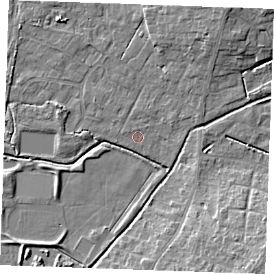 Shaded relief map of the ground around PE303AH, computed from Environment Agency LiDAR. The ground here sits at about 3 m above sea level and falls 10 m across the surrounding 800 m. Surface water reaching this point runs off ground lying to the west-north-west, 0.7 m higher.