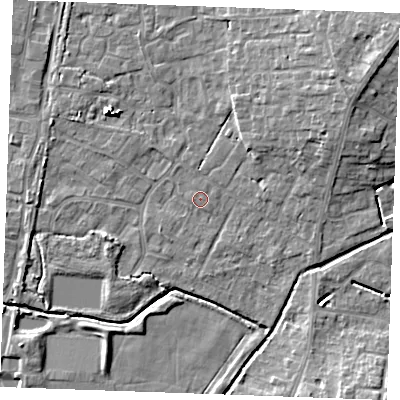 Shaded relief map of the ground around PE303AJ, computed from Environment Agency LiDAR. The ground here sits at about 4 m above sea level and falls 9 m across the surrounding 800 m. Surface water reaching this point runs off ground lying to the north-east, 6.5 m higher.
