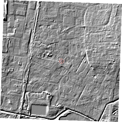 Shaded relief map of the ground around PE303AL, computed from Environment Agency LiDAR. The ground here sits at about 4 m above sea level and falls 7 m across the surrounding 800 m. Surface water reaching this point runs off ground lying to the south, 1.2 m higher.