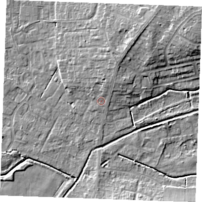 Shaded relief map of the ground around PE303AN, computed from Environment Agency LiDAR. The ground here sits at about 5 m above sea level and falls 11 m across the surrounding 800 m. Surface water reaching this point runs off ground lying to the north, 2.2 m higher.