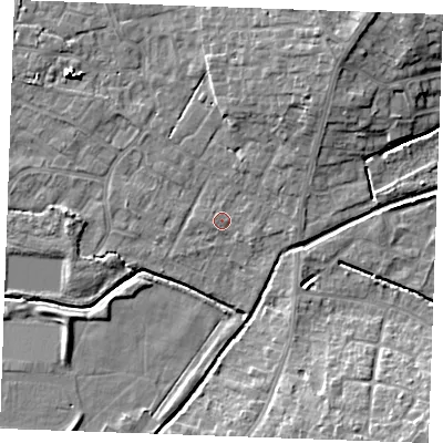 Shaded relief map of the ground around PE303AQ, computed from Environment Agency LiDAR. The ground here sits at about 4 m above sea level and falls 10 m across the surrounding 800 m. Surface water reaching this point runs off ground lying to the north-east, 5.5 m higher.