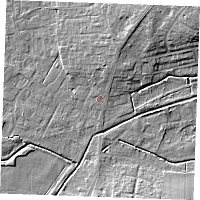 Shaded relief map of the ground around PE303BA, computed from Environment Agency LiDAR. The ground here sits at about 4 m above sea level and falls 11 m across the surrounding 800 m. Surface water reaching this point runs off ground lying to the north-north-east, 4.8 m higher.