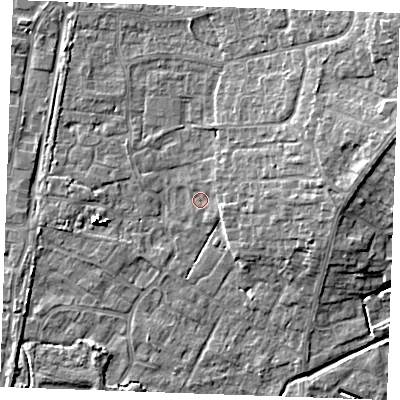 Shaded relief map of the ground around PE303BB, computed from Environment Agency LiDAR. The ground here sits at about 3 m above sea level and falls 9 m across the surrounding 800 m. Surface water reaching this point runs off ground lying to the north-east, 7.4 m higher.