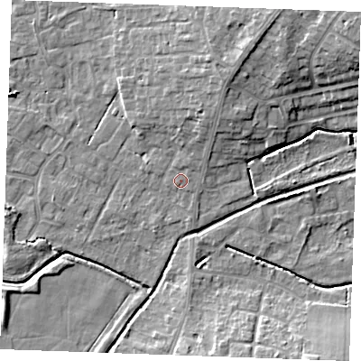 Shaded relief map of the ground around PE303BD, computed from Environment Agency LiDAR. The ground here sits at about 4 m above sea level and falls 10 m across the surrounding 800 m. Surface water reaching this point runs off ground lying to the north-north-east, 0.8 m higher.