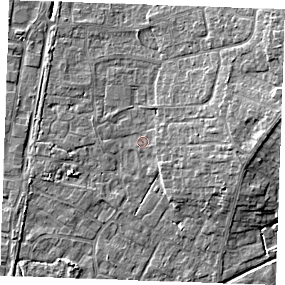 Shaded relief map of the ground around PE303BE, computed from Environment Agency LiDAR. The ground here sits at about 4 m above sea level and falls 9 m across the surrounding 800 m. Surface water reaching this point runs off ground lying to the north-east, 7.4 m higher.