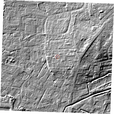Shaded relief map of the ground around PE303BF, computed from Environment Agency LiDAR. The ground here sits at about 5 m above sea level and falls 10 m across the surrounding 800 m. Surface water reaching this point runs off ground lying to the east-north-east, 4.2 m higher.