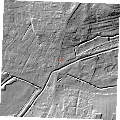 Shaded relief map of the ground around PE303BG, computed from Environment Agency LiDAR. The ground here sits at about 3 m above sea level and falls 10 m across the surrounding 800 m. Surface water reaching this point runs off ground lying to the north-west, 0.7 m higher.