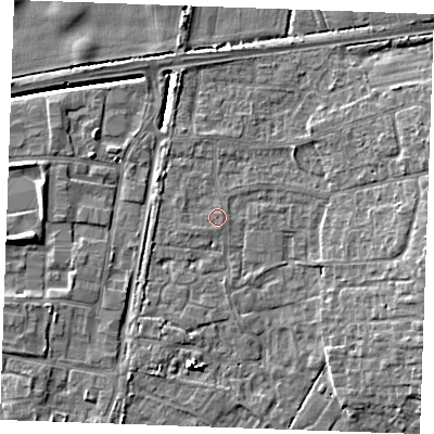 Shaded relief map of the ground around PE303BL, computed from Environment Agency LiDAR. The ground here sits at about 4 m above sea level and falls 7 m across the surrounding 800 m. Surface water reaching this point runs off ground lying to the east-north-east, 0.6 m higher.