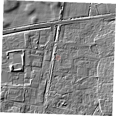 Shaded relief map of the ground around PE303BN, computed from Environment Agency LiDAR. The ground here sits at about 4 m above sea level and falls 7 m across the surrounding 800 m. Surface water reaching this point runs off ground lying to the north-west, 1.9 m higher.