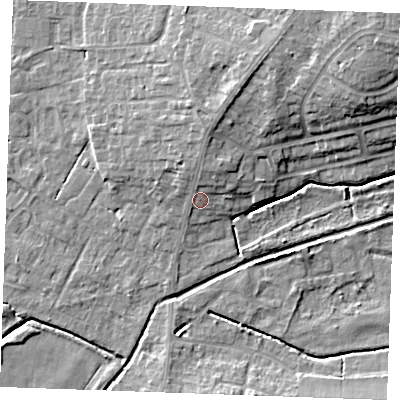 Shaded relief map of the ground around PE303BQ, computed from Environment Agency LiDAR. The ground here sits at about 5 m above sea level and falls 11 m across the surrounding 800 m. Surface water reaching this point runs off ground lying to the north, 3.4 m higher.
