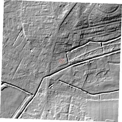 Shaded relief map of the ground around PE303BW, computed from Environment Agency LiDAR. The ground here sits at about 3 m above sea level and falls 10 m across the surrounding 800 m. Surface water reaching this point runs off ground lying to the north, 5.0 m higher.
