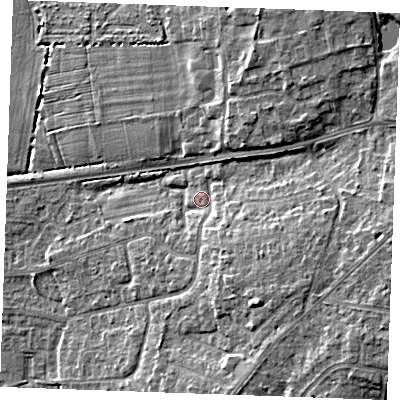 Shaded relief map of the ground around PE303DA, computed from Environment Agency LiDAR. The ground here sits at about 7 m above sea level and falls 10 m across the surrounding 800 m. Surface water reaching this point runs off ground lying to the east, 6.6 m higher.