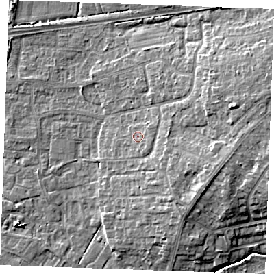 Shaded relief map of the ground around PE303DH, computed from Environment Agency LiDAR. The ground here sits at about 6 m above sea level and falls 10 m across the surrounding 800 m. Surface water reaching this point runs off ground lying to the east, 1.2 m higher.