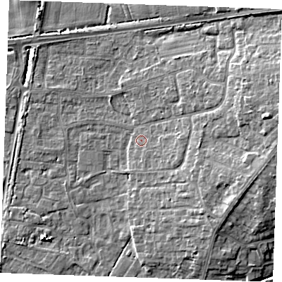 Shaded relief map of the ground around PE303DJ, computed from Environment Agency LiDAR. The ground here sits at about 5 m above sea level and falls 11 m across the surrounding 800 m. Surface water reaching this point runs off ground lying to the east-south-east, 2.3 m higher.