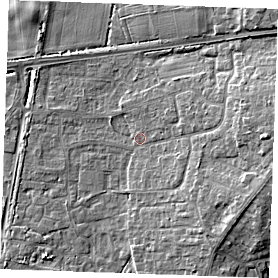 Shaded relief map of the ground around PE303DL, computed from Environment Agency LiDAR. The ground here sits at about 4 m above sea level and falls 11 m across the surrounding 800 m. Surface water reaching this point runs off ground lying to the east, 7.7 m higher.