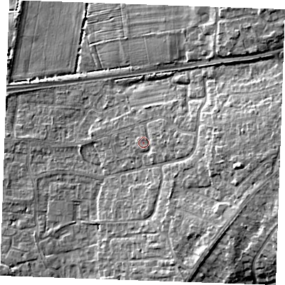 Shaded relief map of the ground around PE303DN, computed from Environment Agency LiDAR. The ground here sits at about 6 m above sea level and falls 9 m across the surrounding 800 m. Surface water reaching this point runs off ground lying to the east, 2.2 m higher.