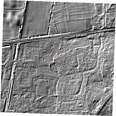 Shaded relief map of the ground around PE303DP, computed from Environment Agency LiDAR. The ground here sits at about 5 m above sea level and falls 11 m across the surrounding 800 m. Surface water reaching this point runs off ground lying to the east-south-east, 3.5 m higher.