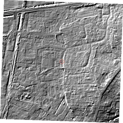 Shaded relief map of the ground around PE303DQ, computed from Environment Agency LiDAR. The ground here sits at about 4 m above sea level and falls 10 m across the surrounding 800 m. Surface water reaching this point runs off ground lying to the east, 3.2 m higher.