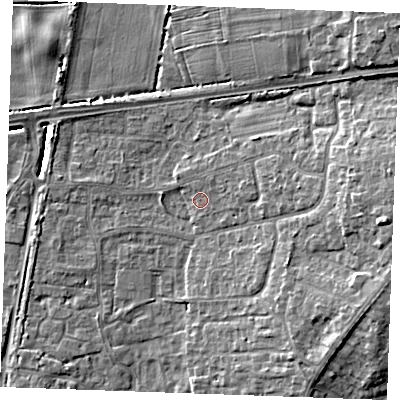 Shaded relief map of the ground around PE303DR, computed from Environment Agency LiDAR. The ground here sits at about 5 m above sea level and falls 11 m across the surrounding 800 m. Surface water reaching this point runs off ground lying to the east, 4.0 m higher.