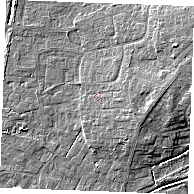 Shaded relief map of the ground around PE303DS, computed from Environment Agency LiDAR. The ground here sits at about 5 m above sea level and falls 11 m across the surrounding 800 m. Surface water reaching this point runs off ground lying to the east, 3.1 m higher.
