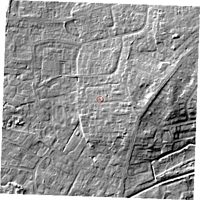 Shaded relief map of the ground around PE303DU, computed from Environment Agency LiDAR. The ground here sits at about 6 m above sea level and falls 10 m across the surrounding 800 m. Surface water reaching this point runs off ground lying to the east, 3.3 m higher.