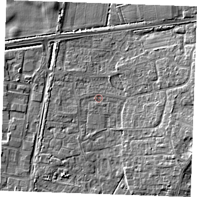 Shaded relief map of the ground around PE303DX, computed from Environment Agency LiDAR. The ground here sits at about 3 m above sea level and falls 9 m across the surrounding 800 m. Surface water reaching this point runs off ground lying to the east-south-east, 6.1 m higher.