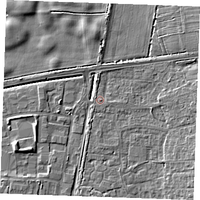 Shaded relief map of the ground around PE303DY, computed from Environment Agency LiDAR. The ground here sits at about 4 m above sea level and falls 7 m across the surrounding 800 m. Surface water reaching this point runs off ground lying to the east, 3.1 m higher.
