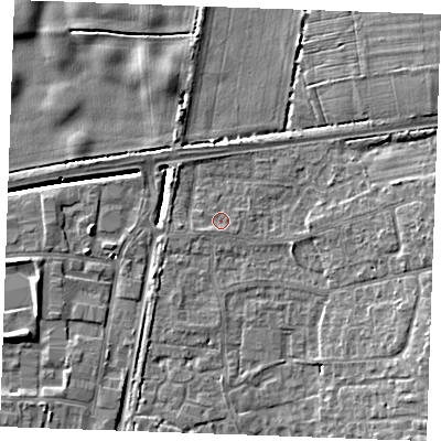 Shaded relief map of the ground around PE303DZ, computed from Environment Agency LiDAR. The ground here sits at about 3 m above sea level and falls 7 m across the surrounding 800 m. Surface water reaching this point runs off ground lying to the west-south-west, 0.7 m higher.