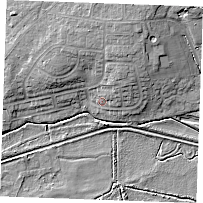 Shaded relief map of the ground around PE303EY, computed from Environment Agency LiDAR. The ground here sits at about 6 m above sea level and falls 15 m across the surrounding 800 m. Surface water reaching this point runs off ground lying to the north-north-east, 7.9 m higher.