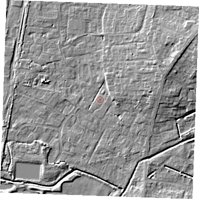 Shaded relief map of the ground around PE303FA, computed from Environment Agency LiDAR. The ground here sits at about 4 m above sea level and falls 9 m across the surrounding 800 m. Surface water reaching this point runs off ground lying to the east-north-east, 6.5 m higher.