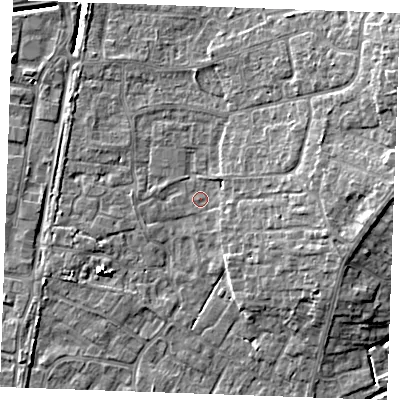 Shaded relief map of the ground around PE303FB, computed from Environment Agency LiDAR. The ground here sits at about 4 m above sea level and falls 10 m across the surrounding 800 m. Surface water reaching this point runs off ground lying to the east, 4.4 m higher.
