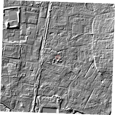 Shaded relief map of the ground around PE303FD, computed from Environment Agency LiDAR. The ground here sits at about 4 m above sea level and falls 6 m across the surrounding 800 m. Surface water reaching this point runs off ground lying to the south, 4.3 m higher.
