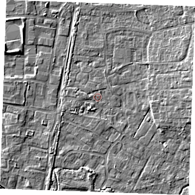 Shaded relief map of the ground around PE303FE, computed from Environment Agency LiDAR. The ground here sits at about 3 m above sea level and falls 6 m across the surrounding 800 m. Surface water reaching this point runs off ground lying to the south-south-west, 4.4 m higher.