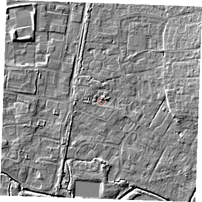 Shaded relief map of the ground around PE303FF, computed from Environment Agency LiDAR. The ground here sits at about 4 m above sea level and falls 6 m across the surrounding 800 m. Surface water reaching this point runs off ground lying to the north-north-east, 4.4 m higher.